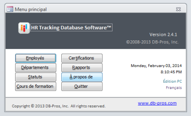 Logiciel Base de Données RH - Menu principal